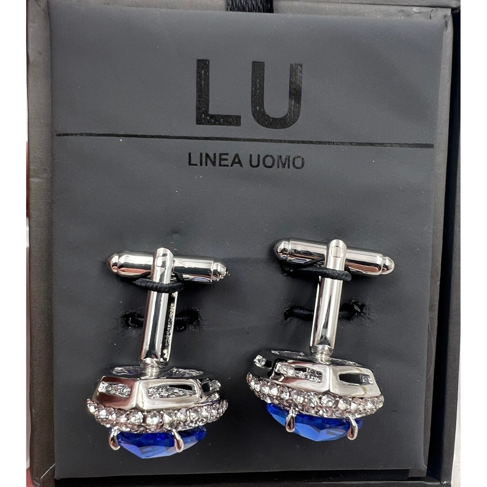 Linea Uomo Cufflinks Men's Blue Trillion Crystal Halo Silver Tone NIB